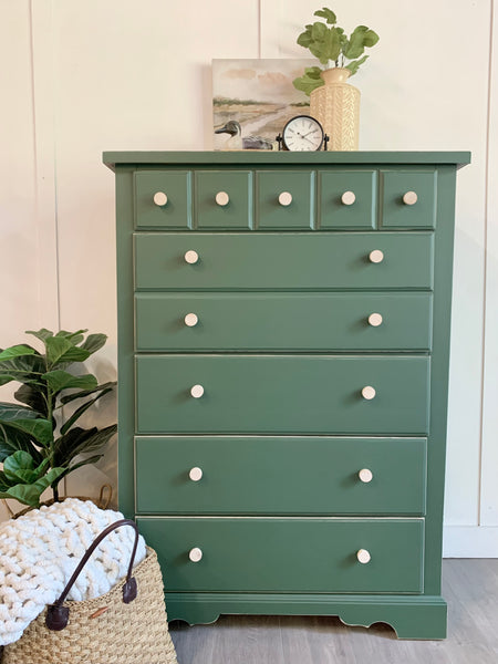 Olive Green dresser  W/ wood pulls