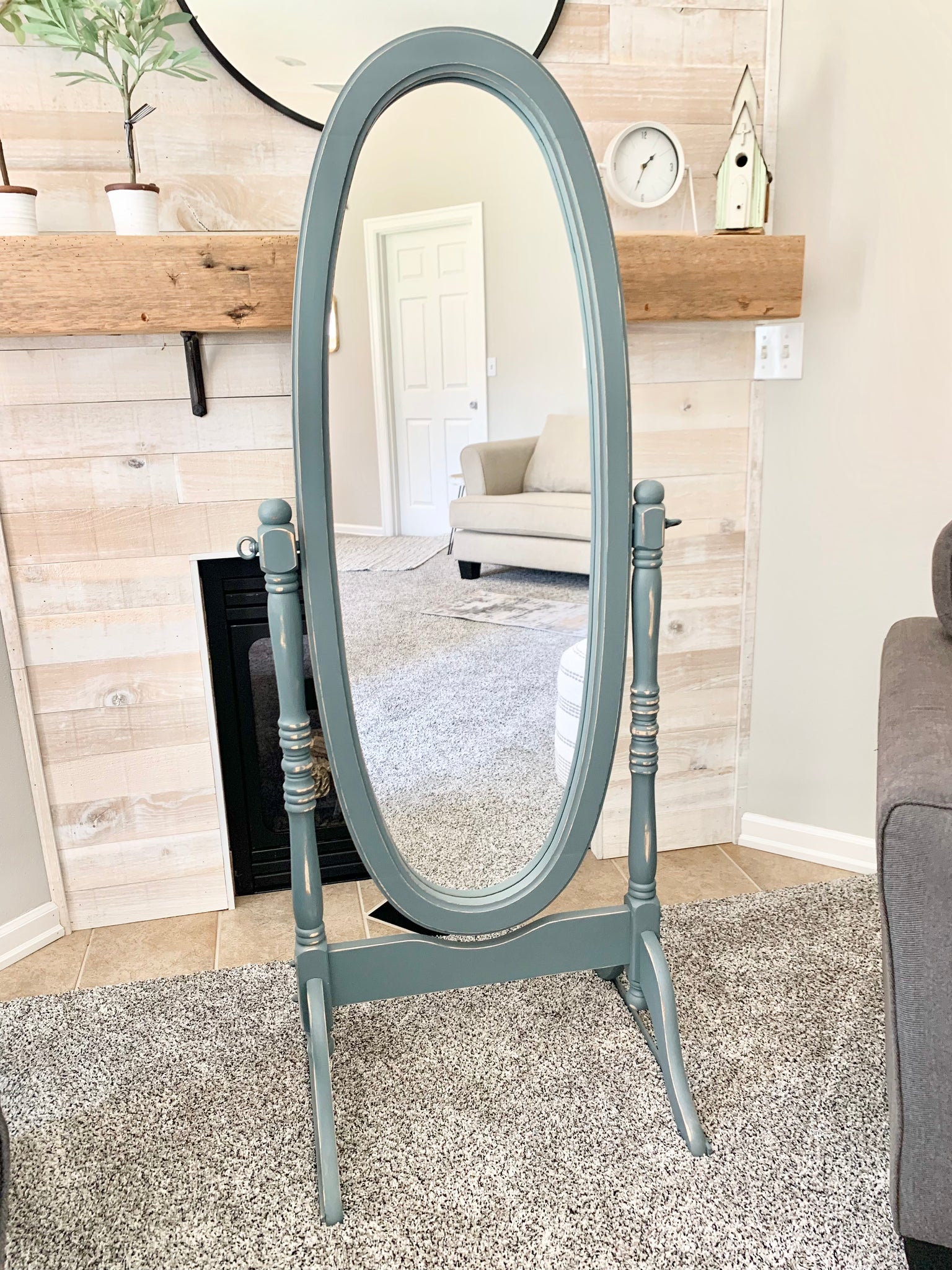 Standing wood mirror ( cottage co. Paint - moody Blue) vintage & Distressed