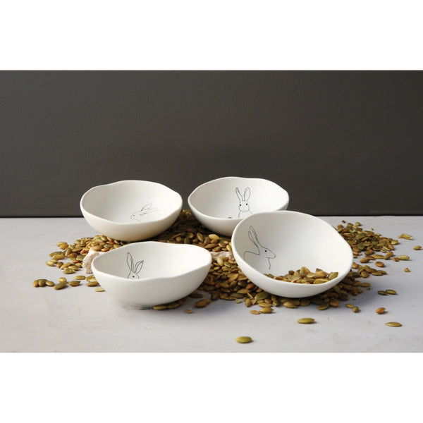 Set of Four Stoneware Rabbit Bowls